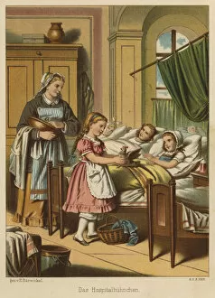 Amitie Gallery: Girl with a chicken visiting children in hospital (colour litho)