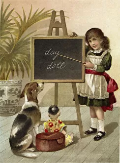 Girl, educating dog and doll (chromolitho)