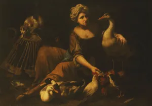 A Girl Feeding Cockerels, with a Cat on a Basket, a Goose A Girl Feeding Cockerels, with a Cat on a Basket, a Goose