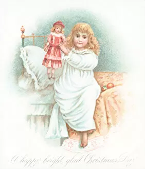 Girl getting out of bed on Christmas morning with present, Christmas Card (chromolitho)