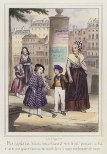 A girl giving a little peasant boy her bunch of flowers (colour litho) A girl giving a little peasant boy her bunch of flowers (colour litho)