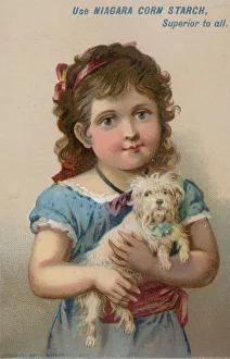 Girl holding small dog in her arms (chromolitho) Girl holding small dog in her arms (chromolitho)