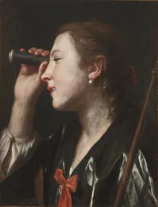 Girl Looking through a Telescope (oil on canvas) Girl Looking through a Telescope (oil on canvas)