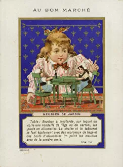 Girl playing with dolls and miniature furniture, Meubles De Jardin (chromolitho)