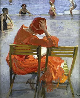 Girl in a Red Dress, Seated by a Swimming Pool, 1936 (oil on board)