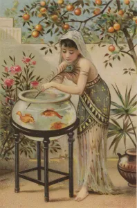 Girl teasing goldfish with peacock feather (colour print on silk) Girl teasing goldfish with peacock feather (colour print on silk)