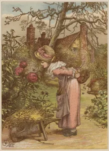 Girl watching bee in the garden (chromolitho) Girl watching bee in the garden (chromolitho)