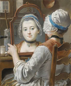 A girl wearing a bonnet, looking at herself in a mirror with a chocolatiere A girl wearing a bonnet, looking at herself in a mirror with a chocolatiere