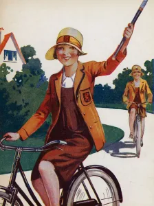 Girls cycling off to a sports match (colour litho) Girls cycling off to a sports match (colour litho)