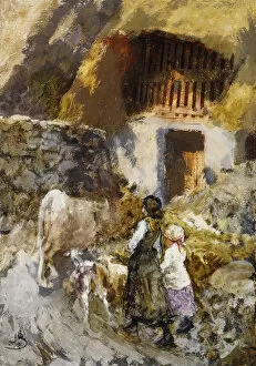 Girls Driving Animals to a Barn, (oil on board)