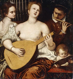 Two Girls and a Youth making Music, (oil on canvas)
