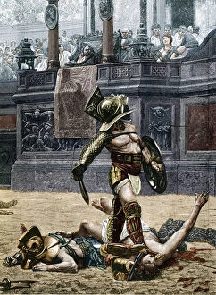 Gladiators in the Roman Arena. Spectators are warning the winner not to spare his