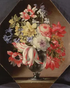 A Glass Vase of Flowers on a Stone Ledge Containing Tulips, Chrysanthemums A Glass Vase of Flowers on a Stone Ledge Containing Tulips, Chrysanthemums