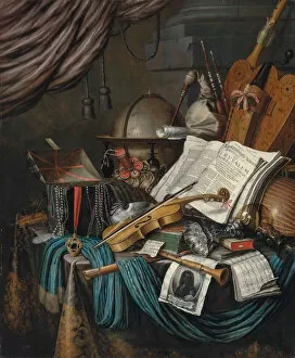 Worldliness Collection: A globe, a casket of jewels and medallions, books, a hurdy-gurdy, a bagpipe, a lute