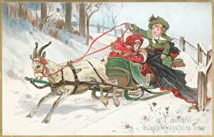 Sleigh Ride Gallery: Goat pulling Sleigh, Christmas Card (chromolitho)