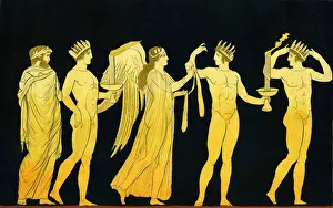 The Goddess Nike awarding the Sash of Victory to three laurel crowned winners c The Goddess Nike awarding the Sash of Victory to three laurel crowned winners c