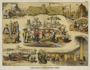 Gold mining in the goldfields of Australia (colour litho) Gold mining in the goldfields of Australia (colour litho)