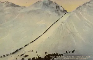 Gold seekers crossing the Chilkoot Pass during the Alaskan Gold Rush, 1896-1899 (coloured photo) Gold seekers crossing the Chilkoot Pass during the Alaskan Gold Rush, 1896-1899 (coloured photo)