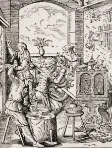Goldsmith, reproduction of 16th century woodcut by Jost Amman, 19th century Goldsmith, reproduction of 16th century woodcut by Jost Amman, 19th century
