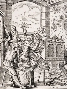 Goldsmith, reproduction of a woodcut by Jost Amman (1539-91) from Le Moyen Age Goldsmith, reproduction of a woodcut by Jost Amman (1539-91) from Le Moyen Age