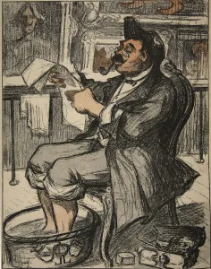 A government official reading his newspaper with a footbath A government official reading his newspaper with a footbath