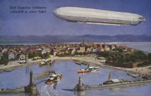 Graf Ferdinand von Zeppelin's airship in flight (colour litho) Graf Ferdinand von Zeppelin's airship in flight (colour litho)