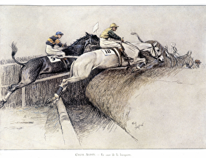 The Grand National Steeple chase in Liverpool: the jump from the bench - drawing by Cecil The Grand National Steeple chase in Liverpool: the jump from the bench - drawing by Cecil