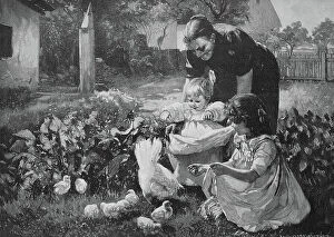 Relationship Gallery: Grandmother showing the baby the freshly hatched chicks, chickens, in the garden, 1880, Germany