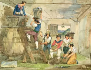 Grape-pickers carrying grapes to the press (pen & ink and w/c on paper) Grape-pickers carrying grapes to the press (pen & ink and w/c on paper)