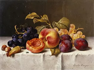 012012upload Gallery: Grapes, Peaches, Plums and Nuts on a Draped Table, (oil on canvas)