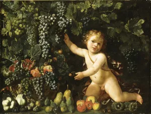 Grapes on the vine, pomegranates, grapes, and rosehips in a basket, with figs, apples Grapes on the vine, pomegranates, grapes, and rosehips in a basket, with figs, apples