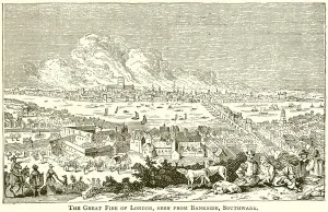 The Great Fire of London, seen from Bankside, Southwark (engraving) The Great Fire of London, seen from Bankside, Southwark (engraving)