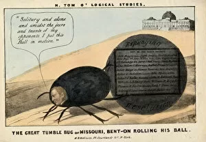Political Cartoon Gallery: The great tumble bug of Missouri: Benton rolling his ball, 1837 (colour litho)