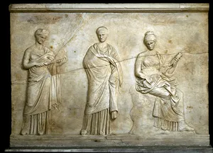 Greek art: representation of three Muses. Low relief carved in marble by Cephisodote Greek art: representation of three Muses. Low relief carved in marble by Cephisodote