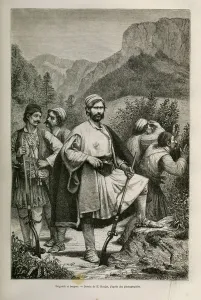 Greek brigands and shepherds, accomplices in the mountains, drawing by E Greek brigands and shepherds, accomplices in the mountains, drawing by E