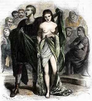 The Greek hetarius and courtesan Phryne (Phrynee) tried before the aeropagus for impiety, 19th century (engraving) The Greek hetarius and courtesan Phryne (Phrynee) tried before the aeropagus for impiety, 19th century (engraving)