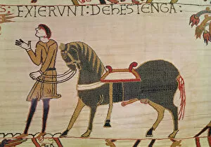 Needlework Gallery: A groom brings William his charger, Bayeux Tapestry (wool embroidery on linen)