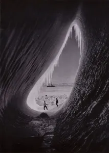 6013242 Grotto in an iceberg; Terra Nova in the distance (b/w photo) by Ponting, Herbert (1870-1935); Private Collection; (add.info.: Grotto in an iceberg; Terra Nova in the distance. Illustration for With Scott to the Pole re-told by Howard Marshall (Country Life, 1936).); © Look and Learn Grotto in an iceberg; Terra Nova in the distance (b / w photo)