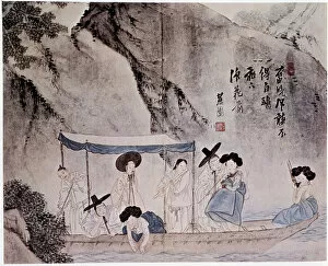 Group on a boat, smoking and listening to music, Kree - by Hye-Wol, Yi Dynasty