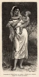 Guaranie woman smoking the cigar to her child, riding on her hip Guaranie woman smoking the cigar to her child, riding on her hip