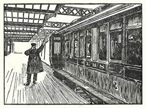 Motor Vehicle Driver Gallery: Guard signalling to a train driver to start the engine (litho)