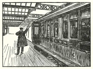 Chauffeuress Gallery: Guard signalling to a train driver to start the engine (litho)