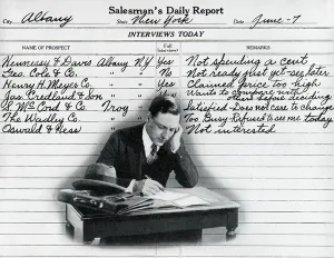 Briefcase Gallery: Guide to Selling - Salesman Sweats Through a Sales Report, 1928 (screen print)