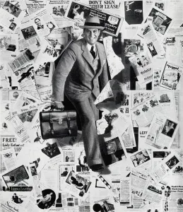 Briefcase Gallery: Guide to Selling - Salesman and Wall of Print Ads, 1928 (screen print)
