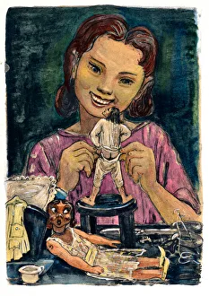 Gulliver is handled like a doll by a girl whom he names Glumdalclich, 1940 (illustration) Gulliver is handled like a doll by a girl whom he names Glumdalclich, 1940 (illustration)