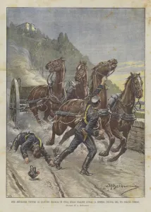Two Gunners Victims Of Four Horses Fleeing On The Hills Along The Right Bank Of The Po, Near Turin (colour litho) Two Gunners Victims Of Four Horses Fleeing On The Hills Along The Right Bank Of The Po, Near Turin (colour litho)