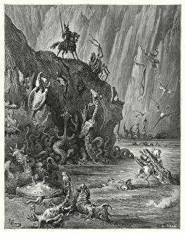 Gustave Dore's Don Quixote: 'A vast lake of boiling pitch, in which an infinite multitude of fierce and terrible creatures are traversing backwards and forwards' (engraving)