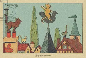 Belltower Gallery: Three gutter cats admire the one riding on the back of the bell tower rooster