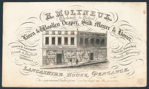 H Molyneux, linen and woollen draper, silk mercer and hosier, trade card (engraving) H Molyneux, linen and woollen draper, silk mercer and hosier, trade card (engraving)