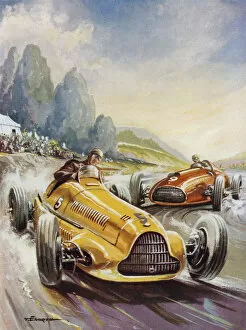 A hair-raising moment in a motor race (colour litho)